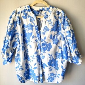 RW & Co Floral Linen Blend Ballon Sleeve Flowy Garden Girl Summer Blouse